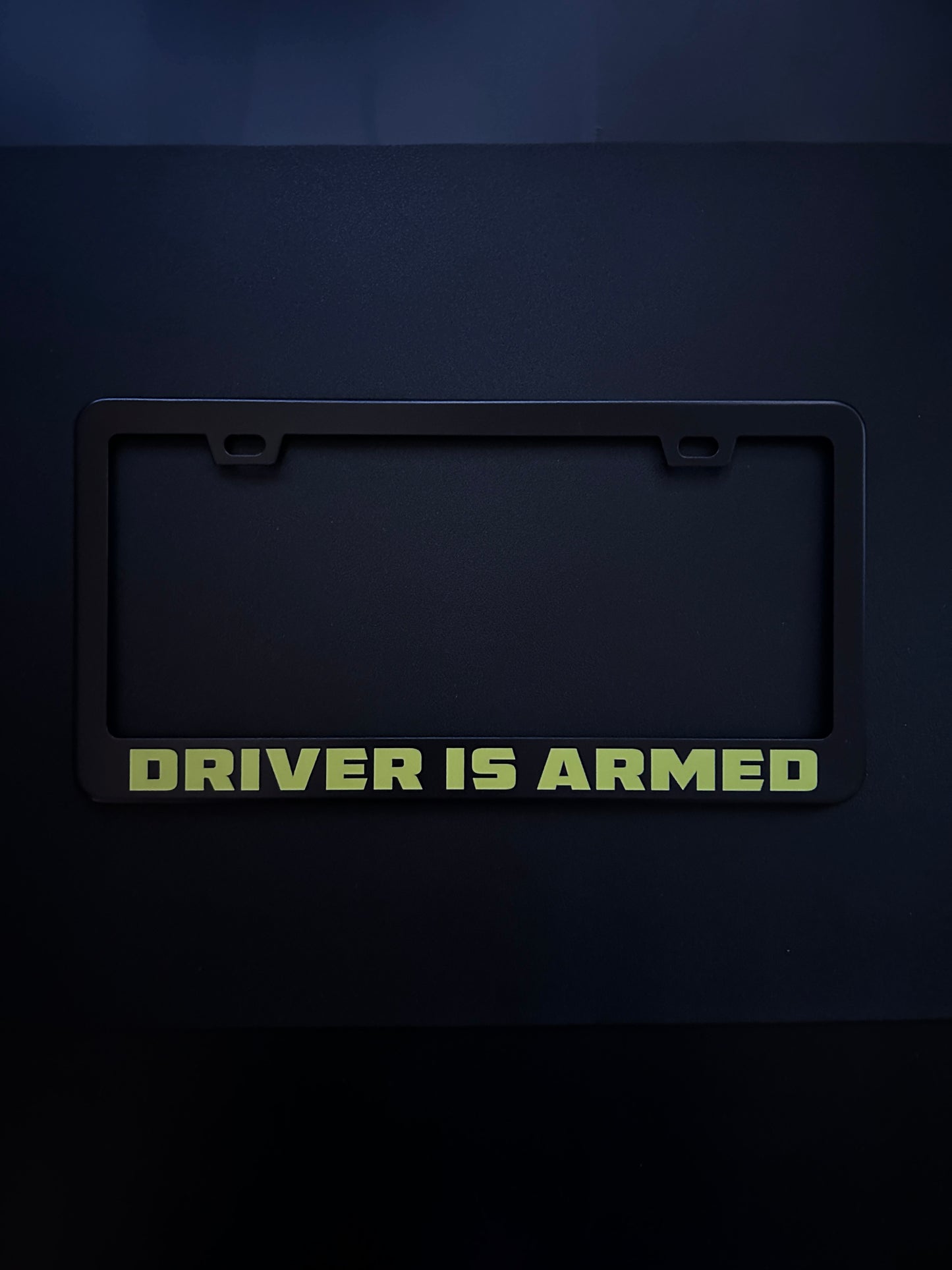 Driver Is Armed Black Stainless Steel License Plate Frame